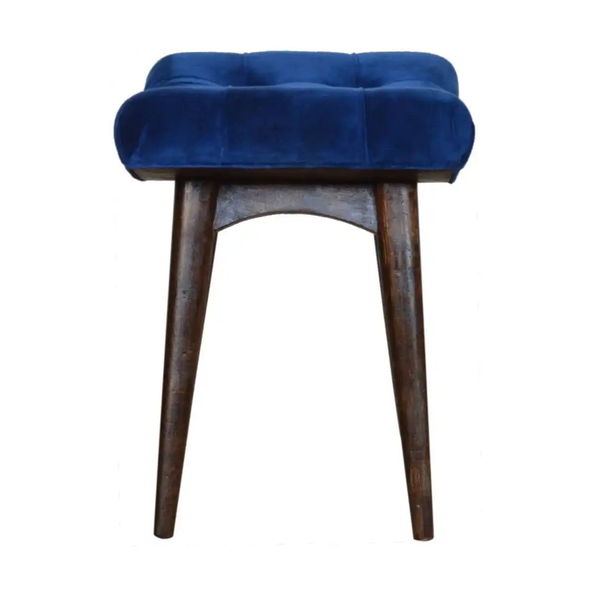 Velvet Curved Bench Seat in Royal Blue & Walnut - effect Mango Wood - Price Crash Furniture