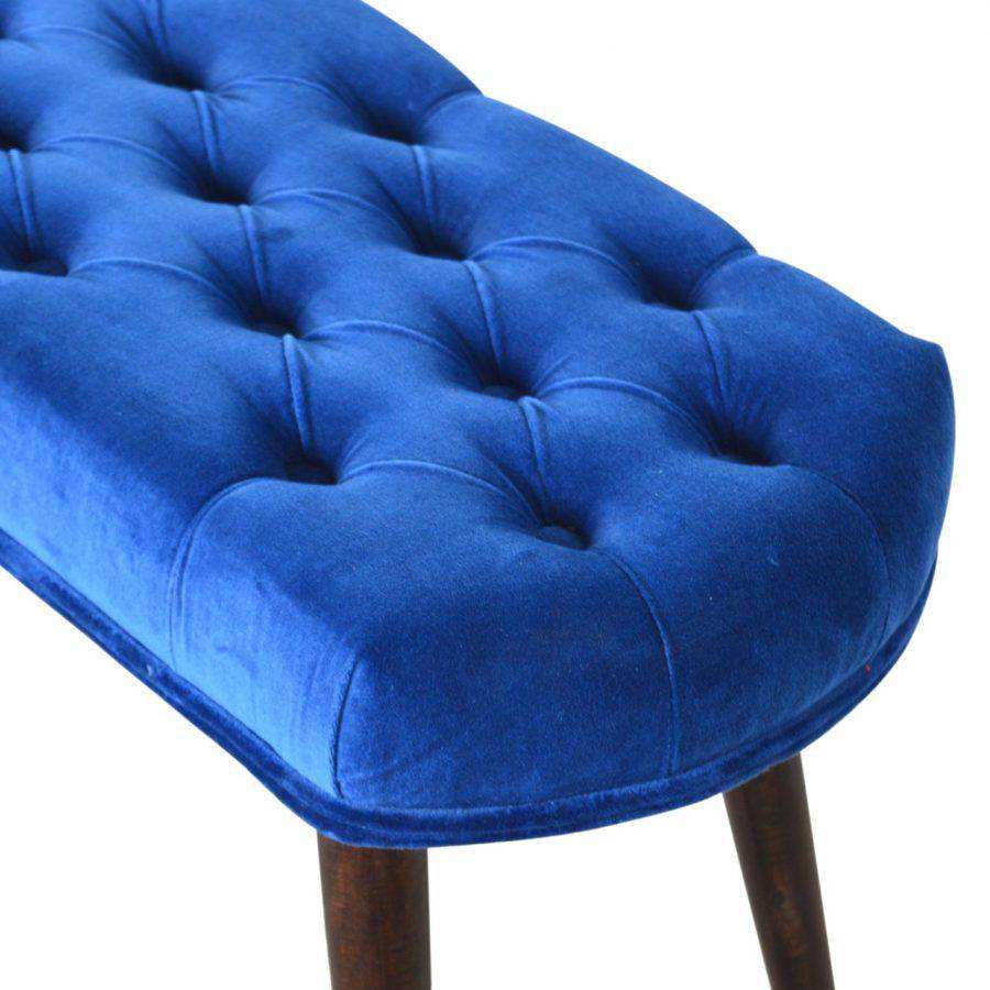 Velvet Deep Button Bench Seat in Royal Blue & Walnut - Price Crash Furniture