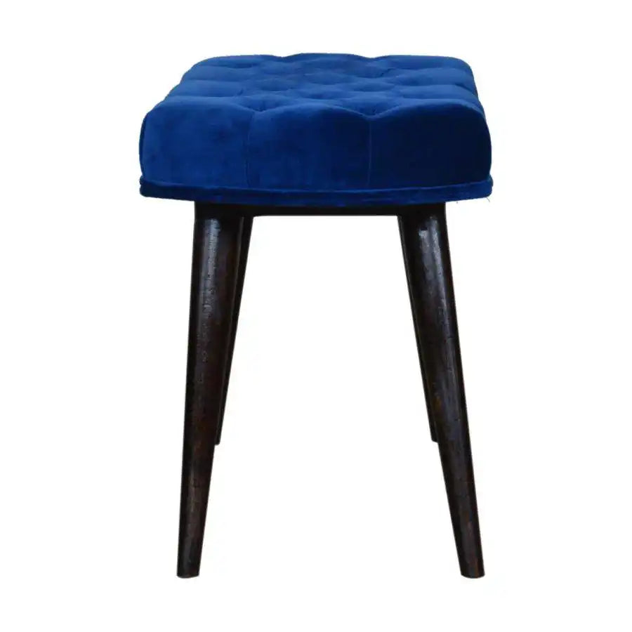 Velvet Deep Button Bench Seat in Royal Blue & Walnut - Price Crash Furniture