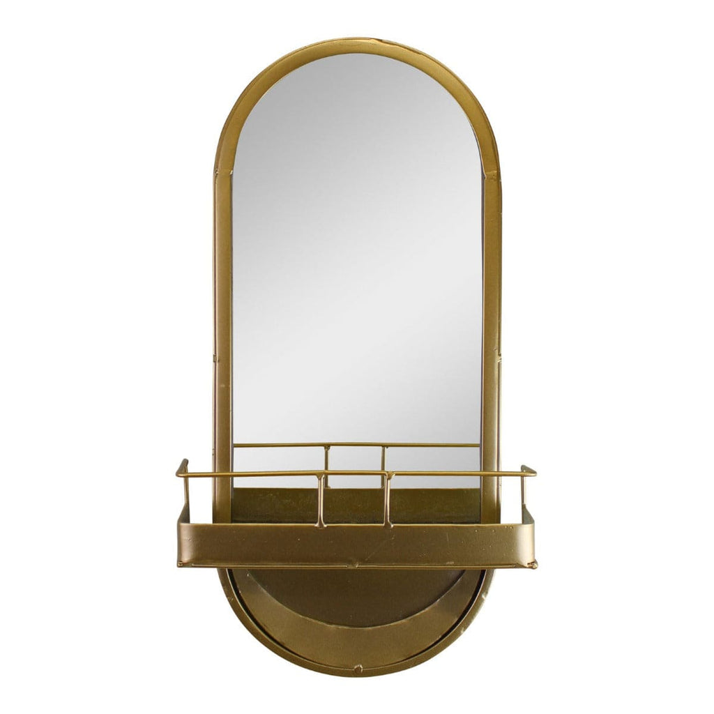 Arched Gold Metal Mirror With Storage Basket Shelf, 50cm - Price Crash Furniture