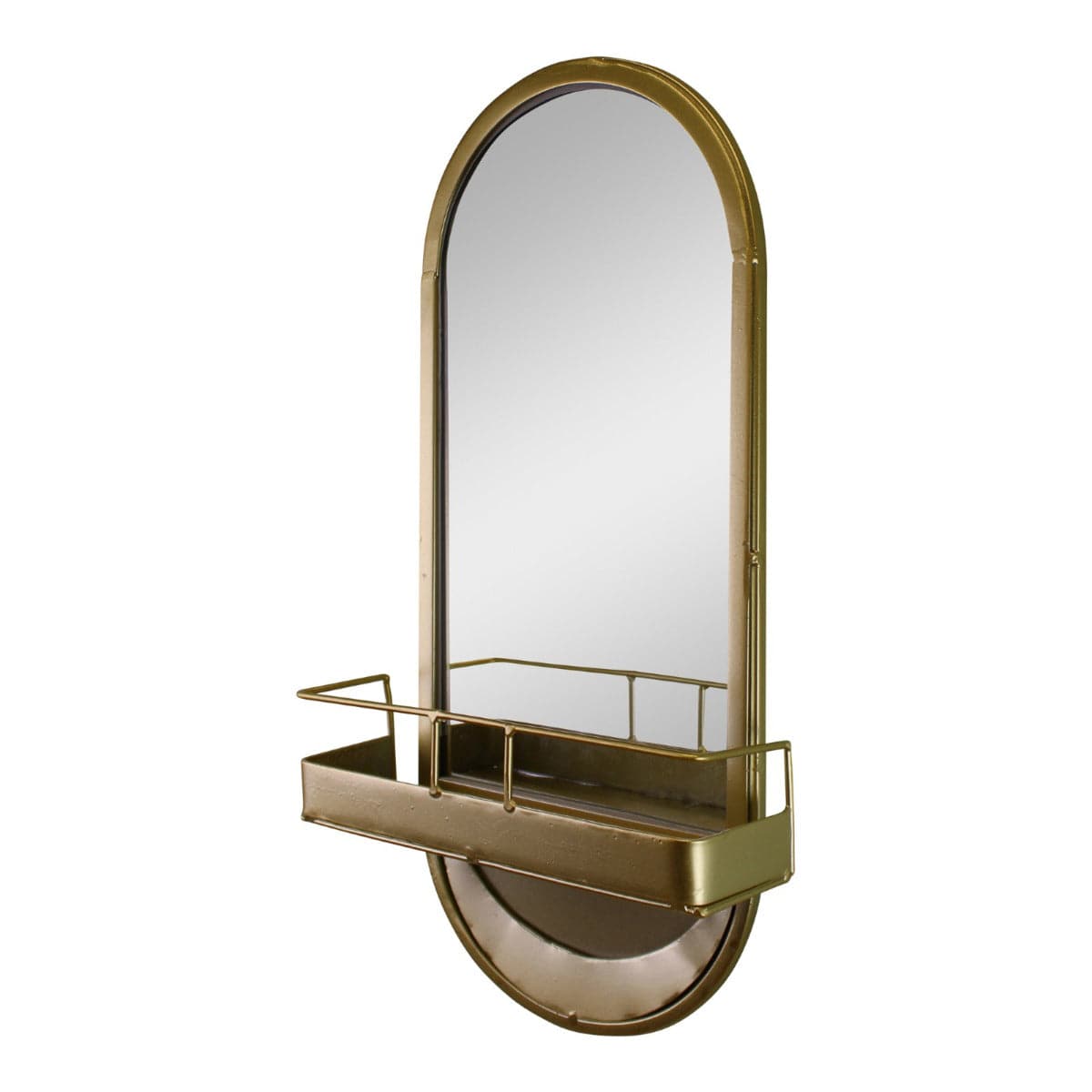 Arched Gold Metal Mirror With Storage Basket Shelf, 50cm - Price Crash Furniture