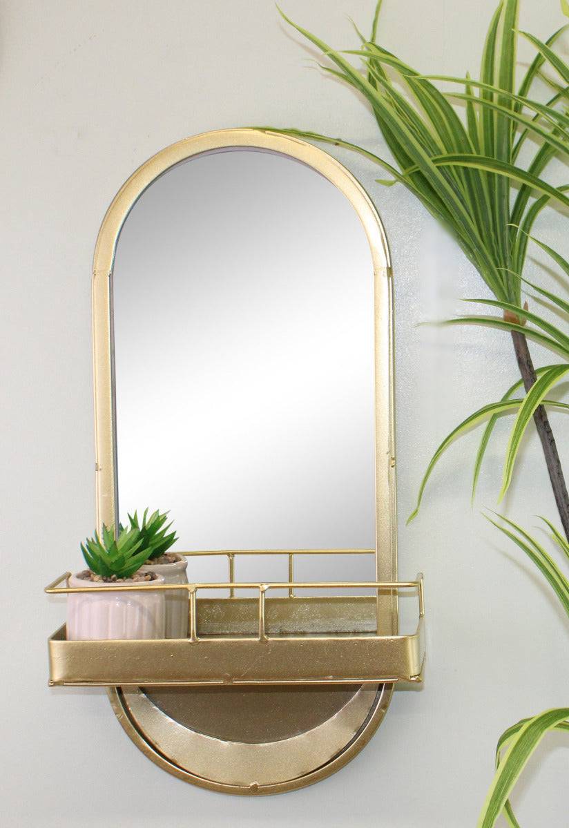 Arched Gold Metal Mirror With Storage Basket Shelf, 50cm - Price Crash Furniture