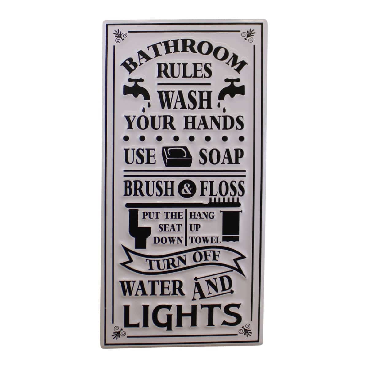 Metal, Wall Hanging Bathroom Rules Plaque, 60x30cm - Price Crash Furniture