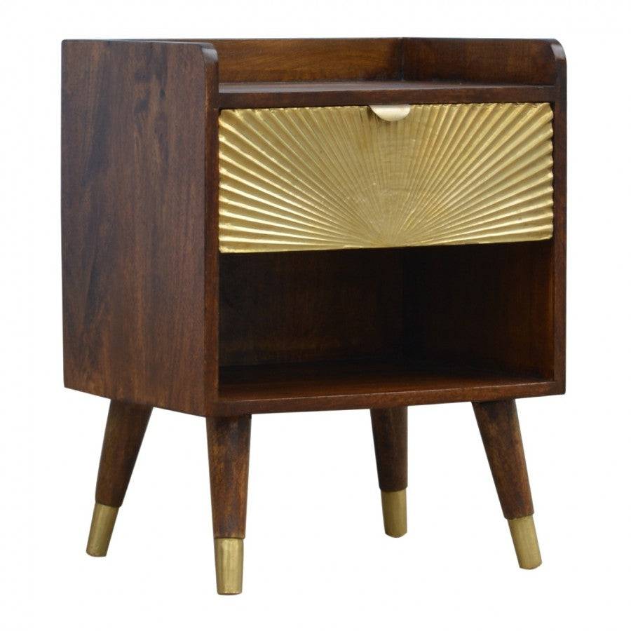 1 Drawer Chestnut Bedside With Gold Sunrise Pattern Drawer Front - Price Crash Furniture