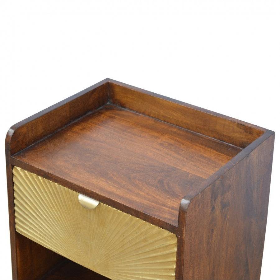 1 Drawer Chestnut Bedside With Gold Sunrise Pattern Drawer Front - Price Crash Furniture