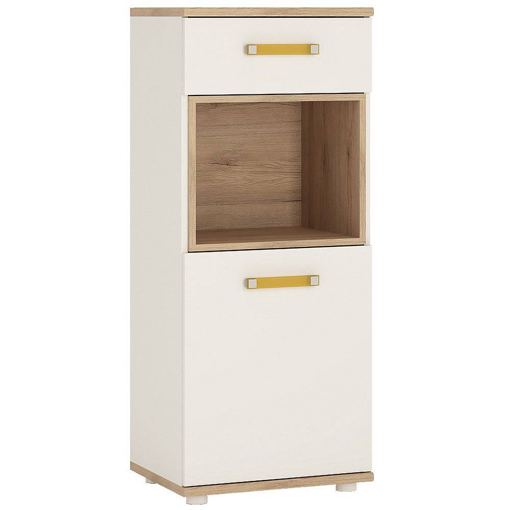 4 Kids 1 Door 1 Drawer Narrow Cabinet in Light Oak & White High Gloss - Price Crash Furniture