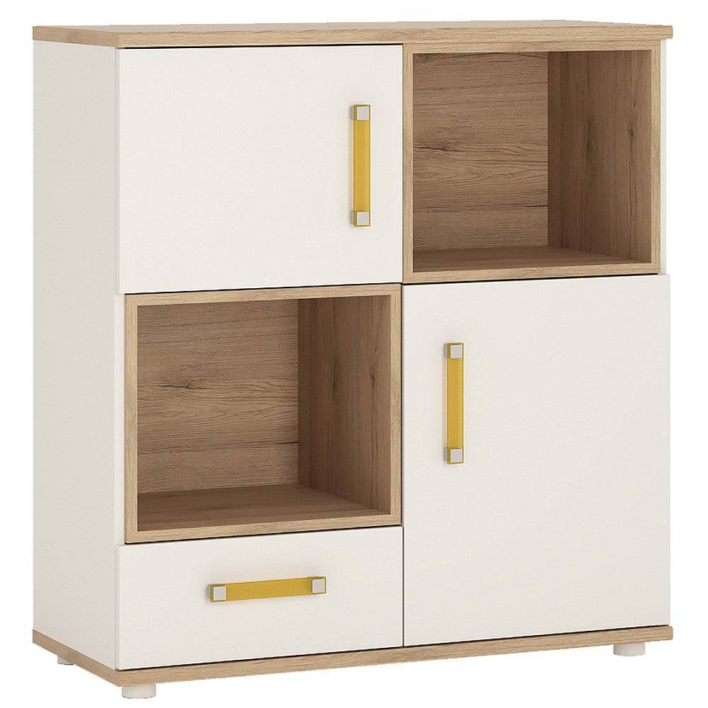 4 Kids 2 Door 1 Drawer Cupboard with 2 Open Shelves in Light Oak & White High Gloss - Price Crash Furniture