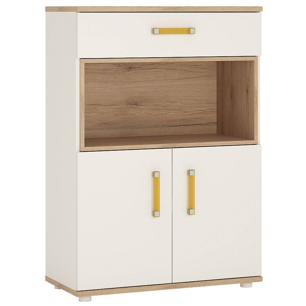 4 Kids 2 Door 1 Drawer Cupboard with Open Shelf in Light Oak & White High Gloss - Price Crash Furniture