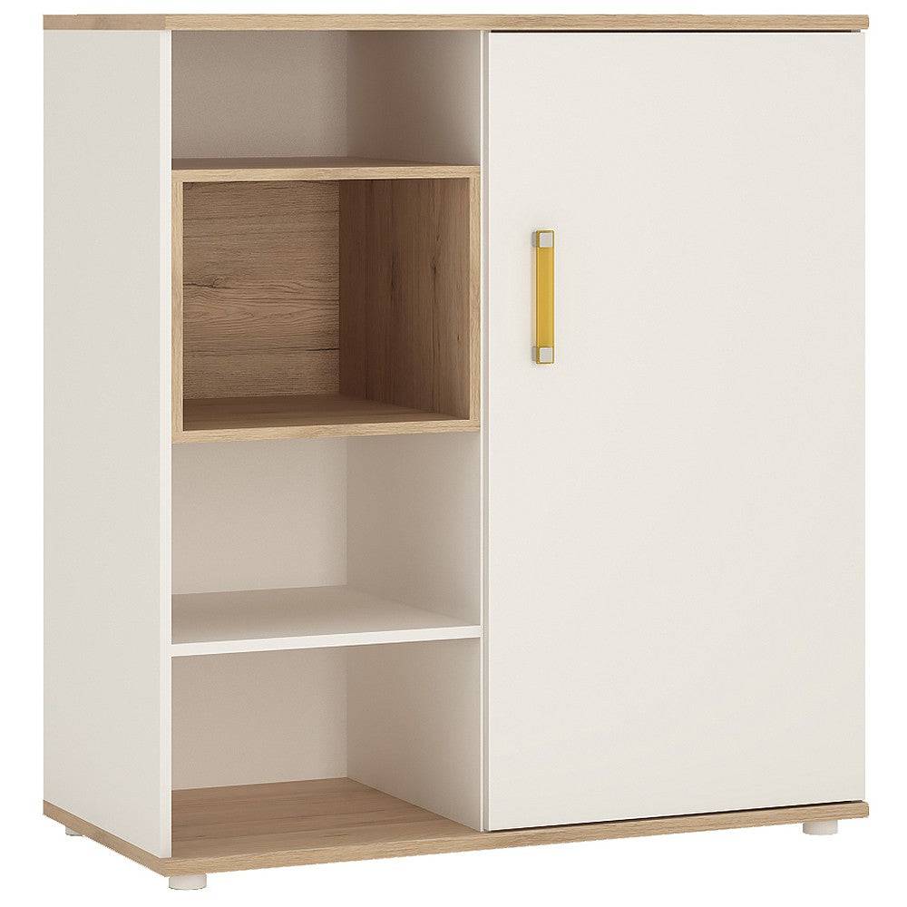 4 Kids Low Cabinet with Shelves & Sliding Door In Light Oak & High Gloss White Finish - Price Crash Furniture