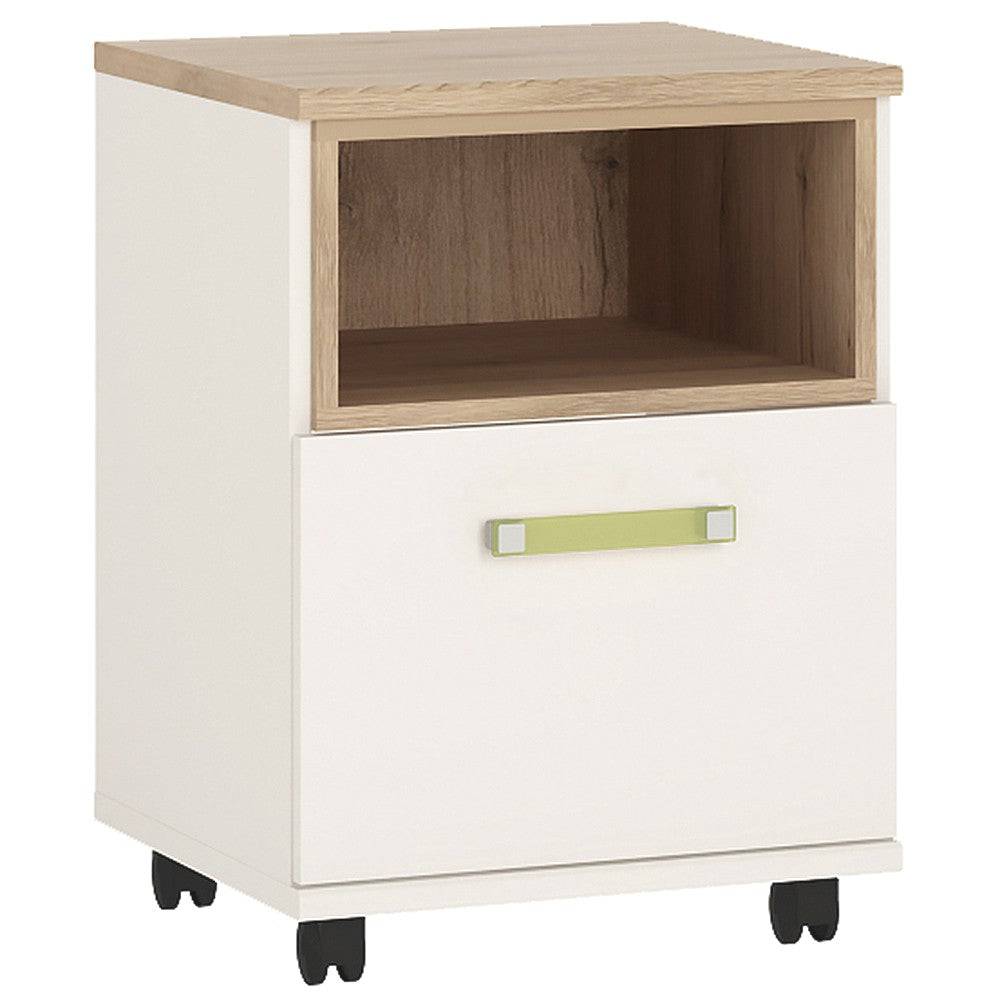 4KIDS 1 Door Mobile Desk In Light Oak And White High Gloss With Lemon Handles - Price Crash Furniture