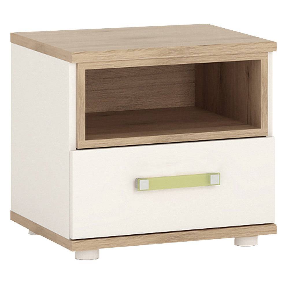 4KIDS 1 Drawer Bedside Cabinet In Light Oak And White High Gloss With Lemon Handles - Price Crash Furniture