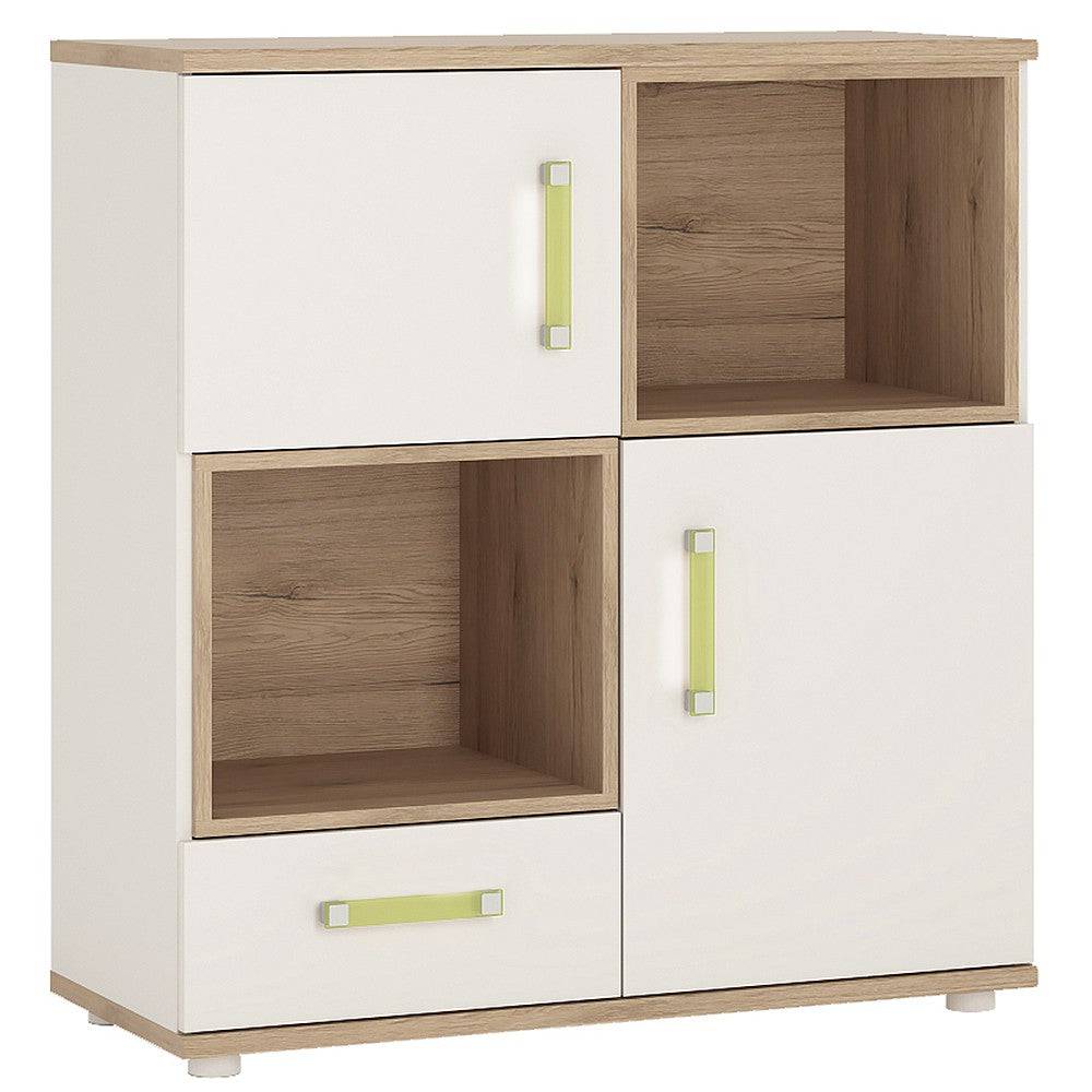 4KIDS 2 Door 1 Drawer Cupboard With 2 Open Shelves In Light Oak And White High Gloss With Lemon Handles - Price Crash Furniture