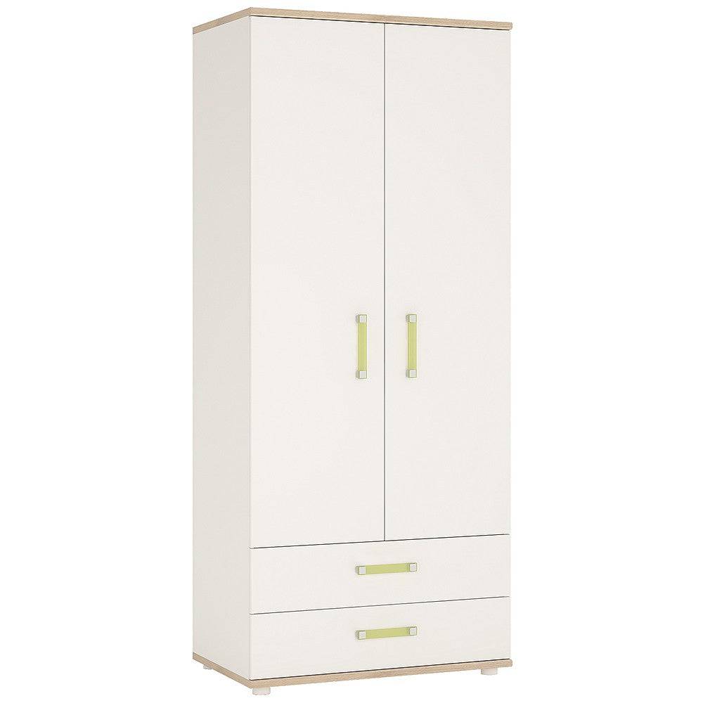 4KIDS 2 Door 2 Drawer Wardrobe In Light Oak And White High Gloss With Lemon Handles - Price Crash Furniture