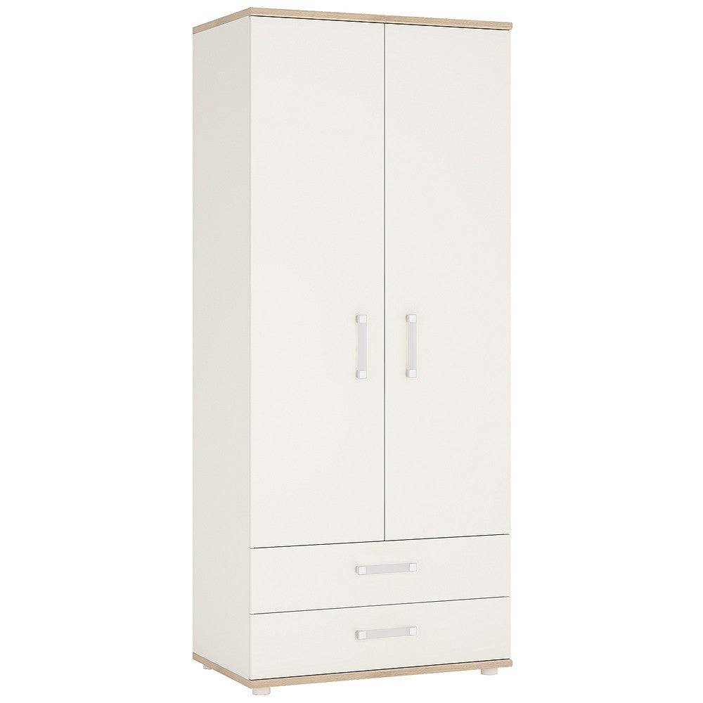 4KIDS 2 Door 2 Drawer Wardrobe in Light Oak and White High Gloss with Opalino Handles - Price Crash Furniture