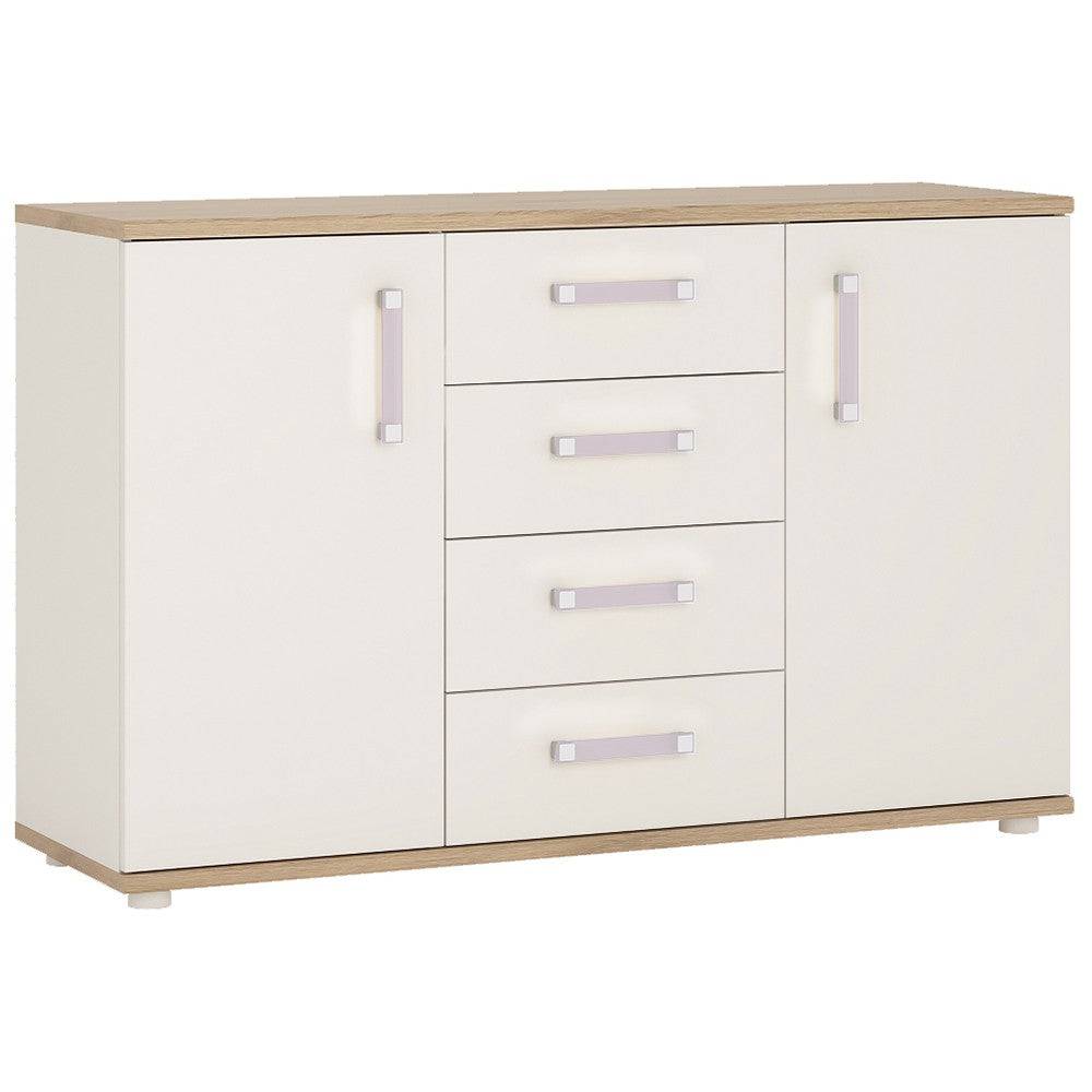 4KIDS 2 Door 4 Drawer Sideboard In Light Oak And White High Gloss With Lilac Handles - Price Crash Furniture