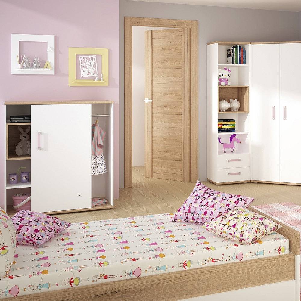 4KIDS Single Bed With Under Drawer In Light Oak And White High Gloss With Lilac Handles - Price Crash Furniture