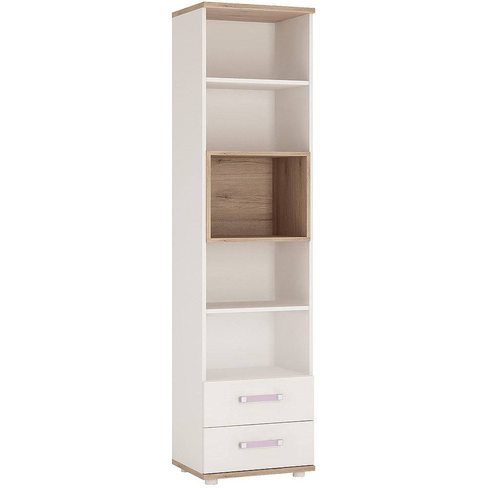 4KIDS Tall 2 Drawer Bookcase In Light Oak & White High Gloss With Lemon Handles - Price Crash Furniture