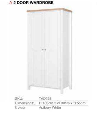 Astbury 2 Door Wardrobe in White & Oak Finish by TAD - Price Crash Furniture