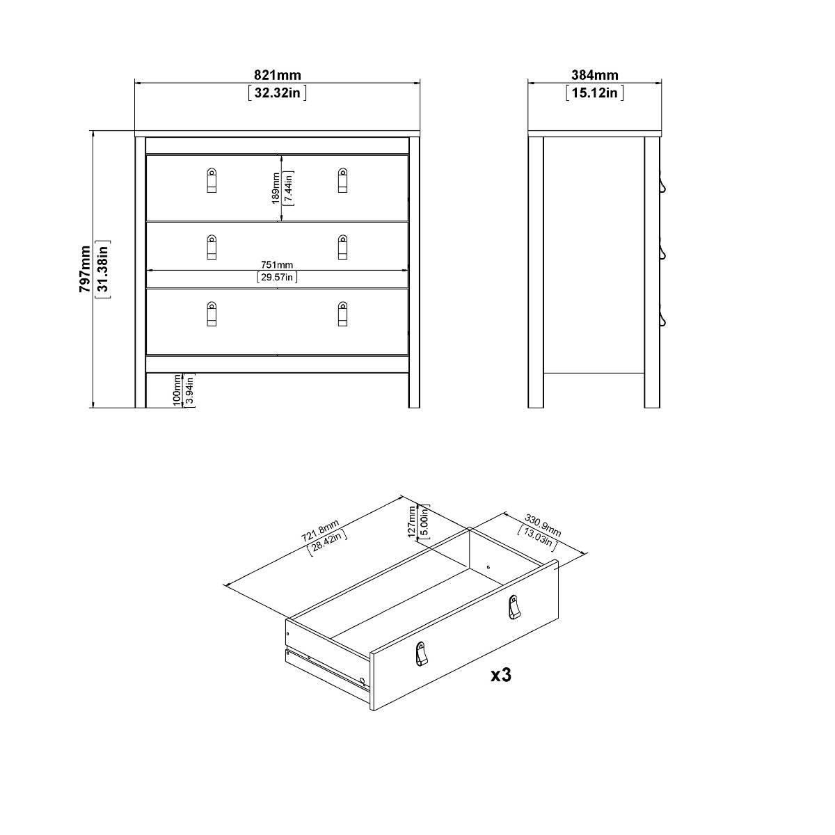 Barcelona Shaker Style 3 Drawer Chest of Drawers in Matt Black - Price Crash Furniture