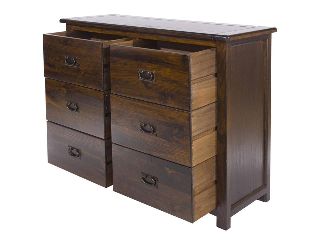 Boston 3+3 6 Drawer Wide Chest Of Drawers In Stained Dark Wood - Price Crash Furniture