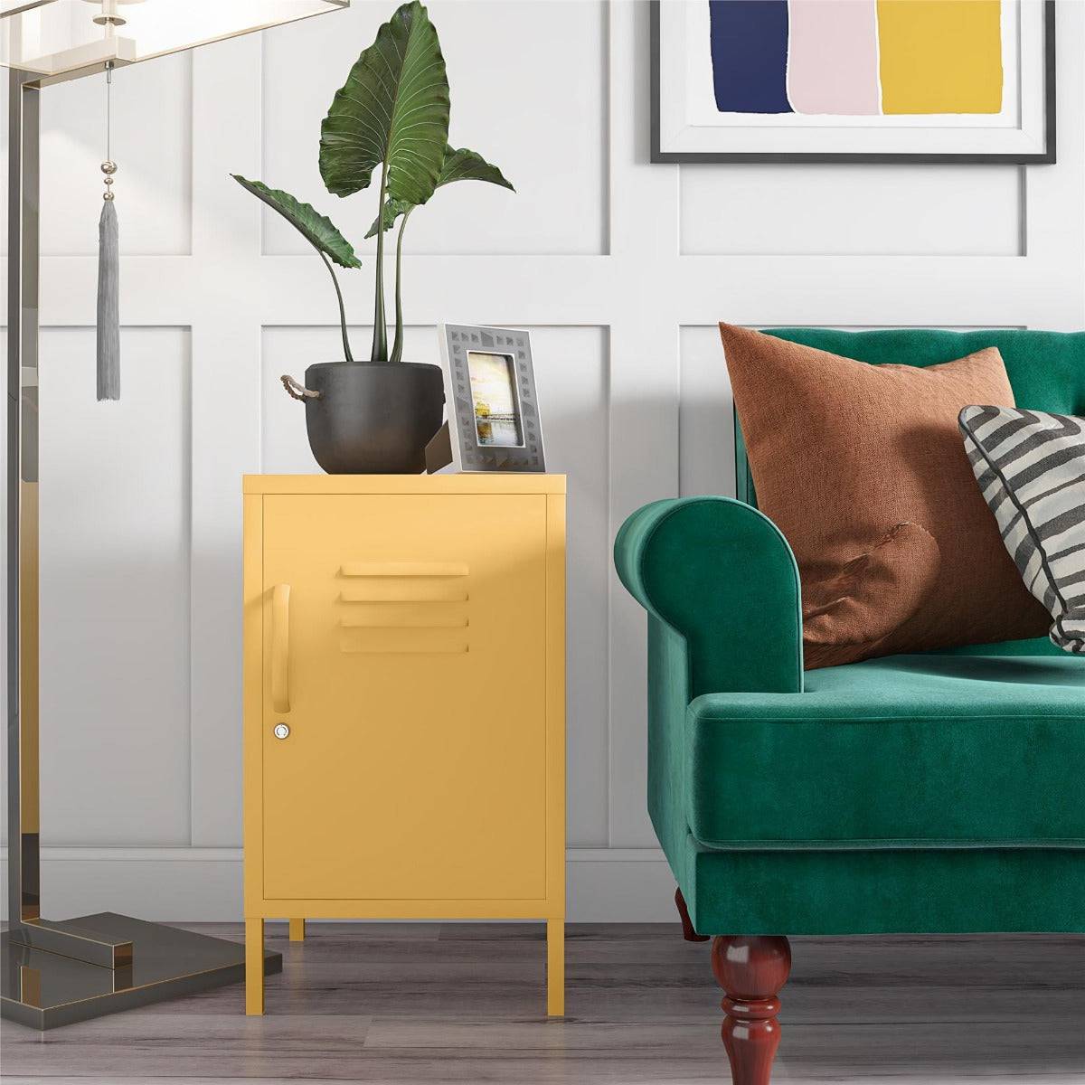 Cache 2 Door Metal Locker End Table in Yellow by Dorel Novogratz - Price Crash Furniture