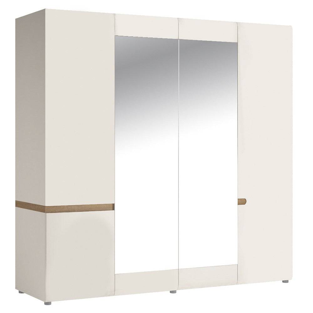 Chelsea 4 Door Mirrored Wardrobe in White Gloss with Truffle Oak - Price Crash Furniture