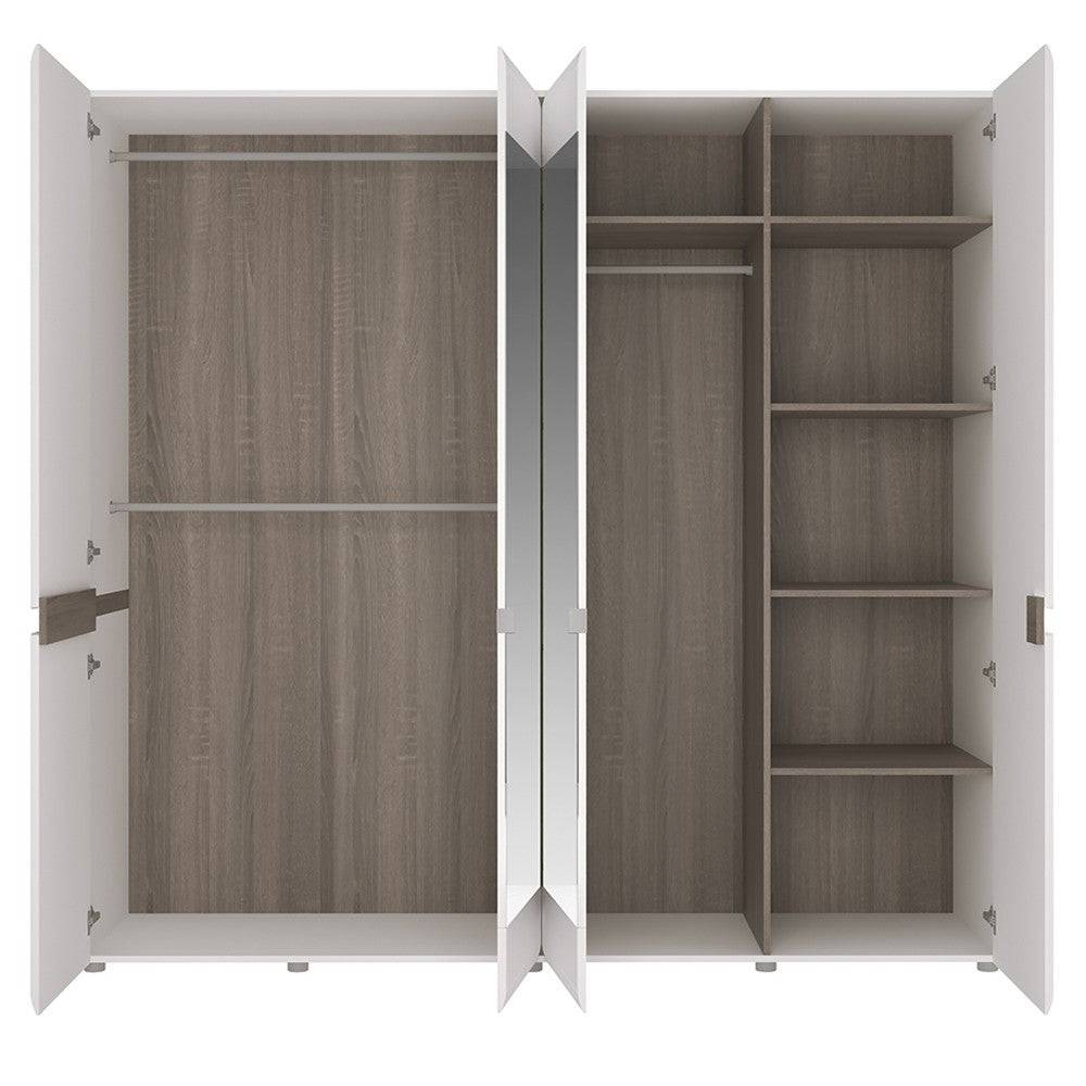 Chelsea 4 Door Mirrored Wardrobe in White Gloss with Truffle Oak - Price Crash Furniture