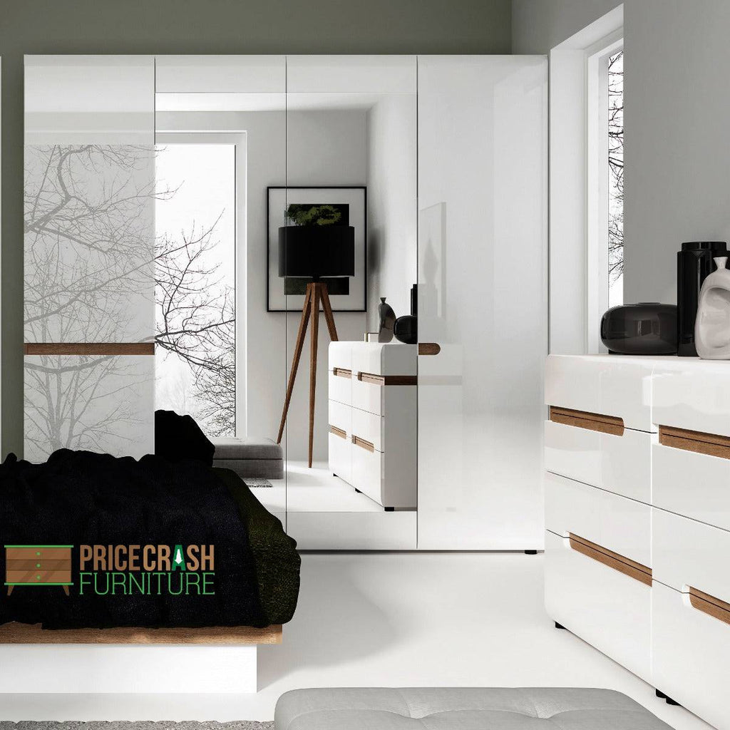 Chelsea 4 Door Mirrored Wardrobe in White Gloss with Truffle Oak - Price Crash Furniture