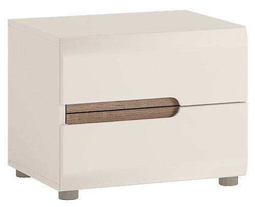 Chelsea Bedroom 2 Drawer Bedside In White Gloss With Oak Trim - Price Crash Furniture