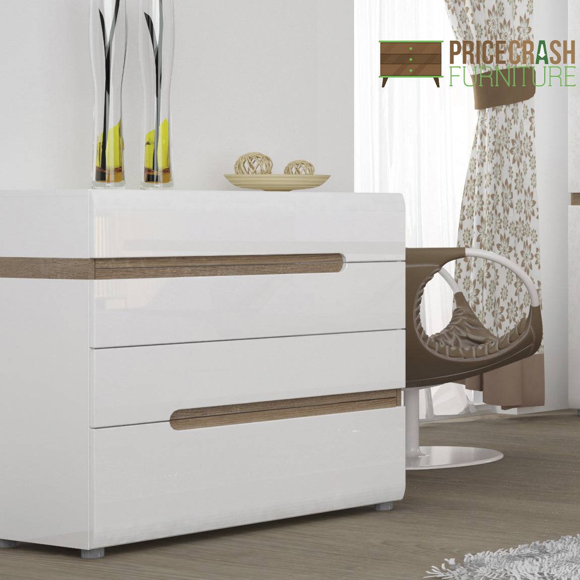 Chelsea Bedroom 4 Drawer Chest Of Drawers In White Gloss With Oak Trim - Price Crash Furniture