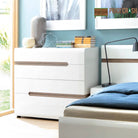 Chelsea Bedroom 4 Drawer Chest Of Drawers In White Gloss With Oak Trim - Price Crash Furniture