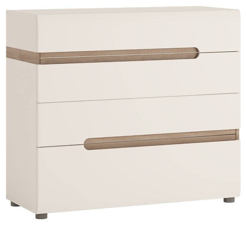 Chelsea Bedroom 4 Drawer Chest Of Drawers In White Gloss With Oak Trim - Price Crash Furniture