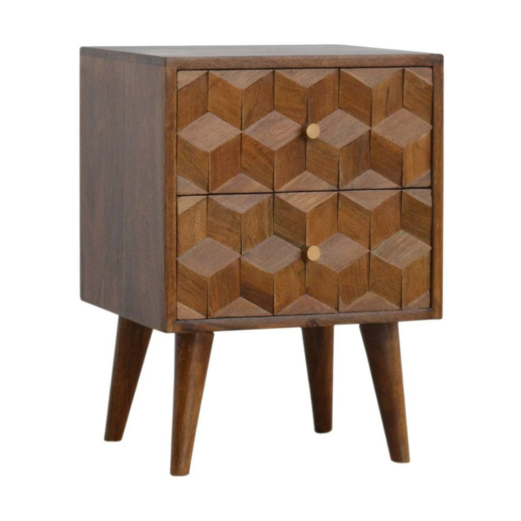 Chestnut Cube Carved Bedside Table - Price Crash Furniture