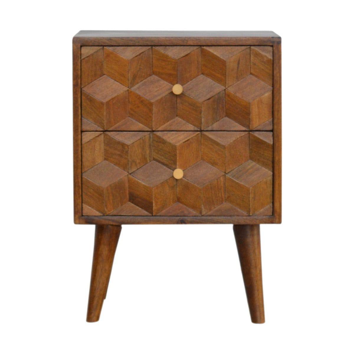 Chestnut Cube Carved Bedside Table - Price Crash Furniture