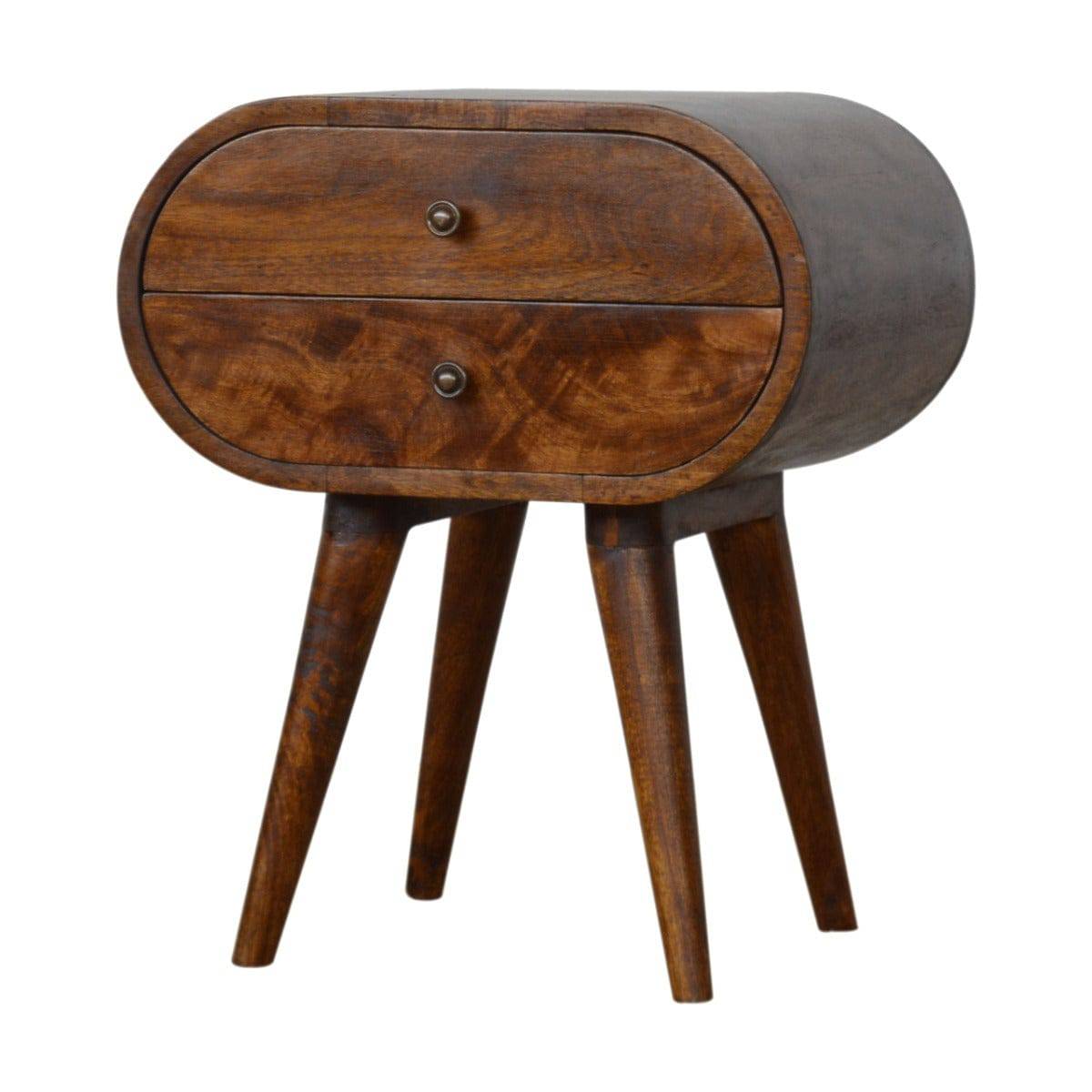 Circular 2 Drawer Bedside Table in Chestnut-effect Solid Mango Wood - Price Crash Furniture