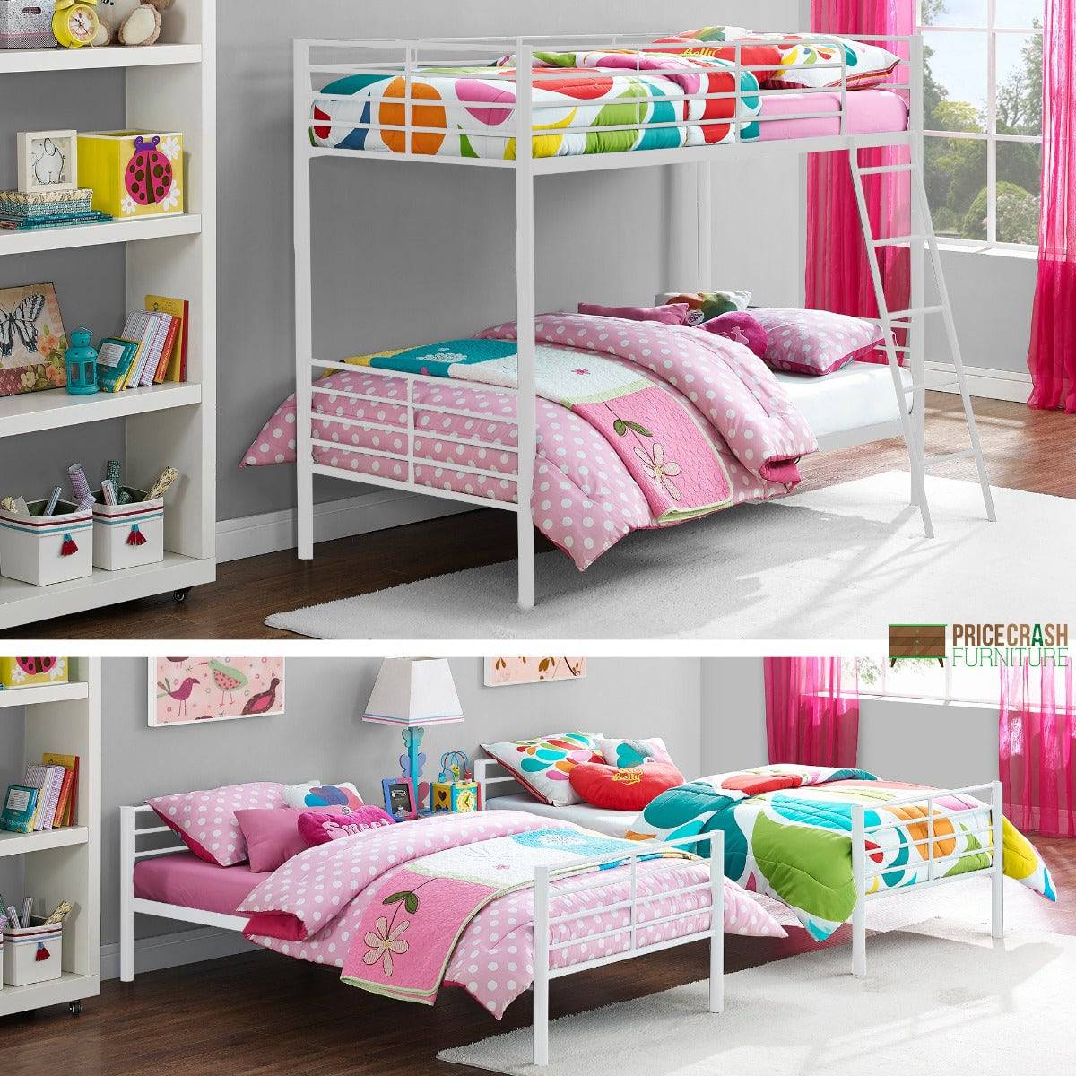 Convertible Single over Single Bunk Bed in White Metal by Dorel - Price Crash Furniture