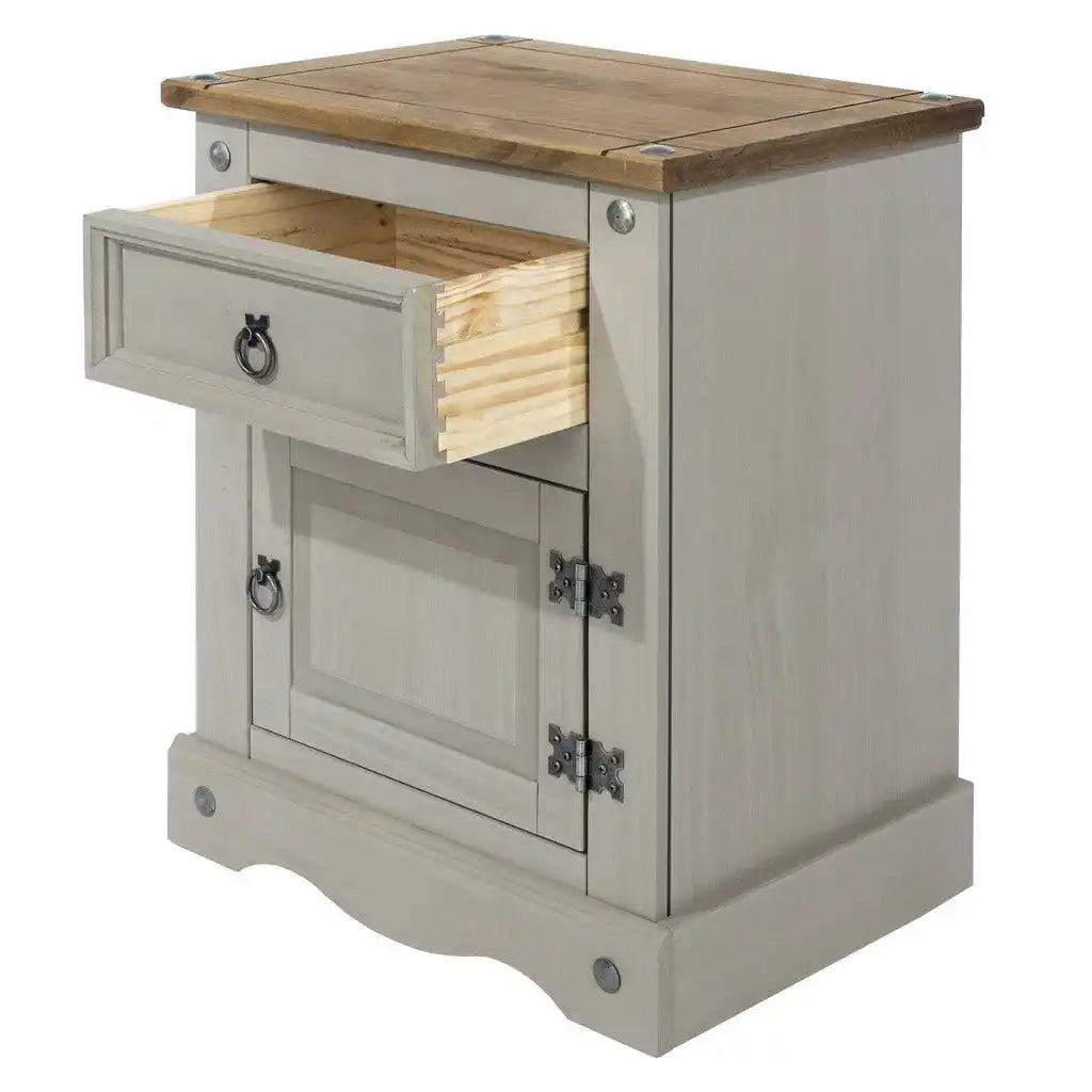 Core Products Corona Grey Washed 1 Door, 1 Drawer Bedside Cabinet Table Unit - Price Crash Furniture