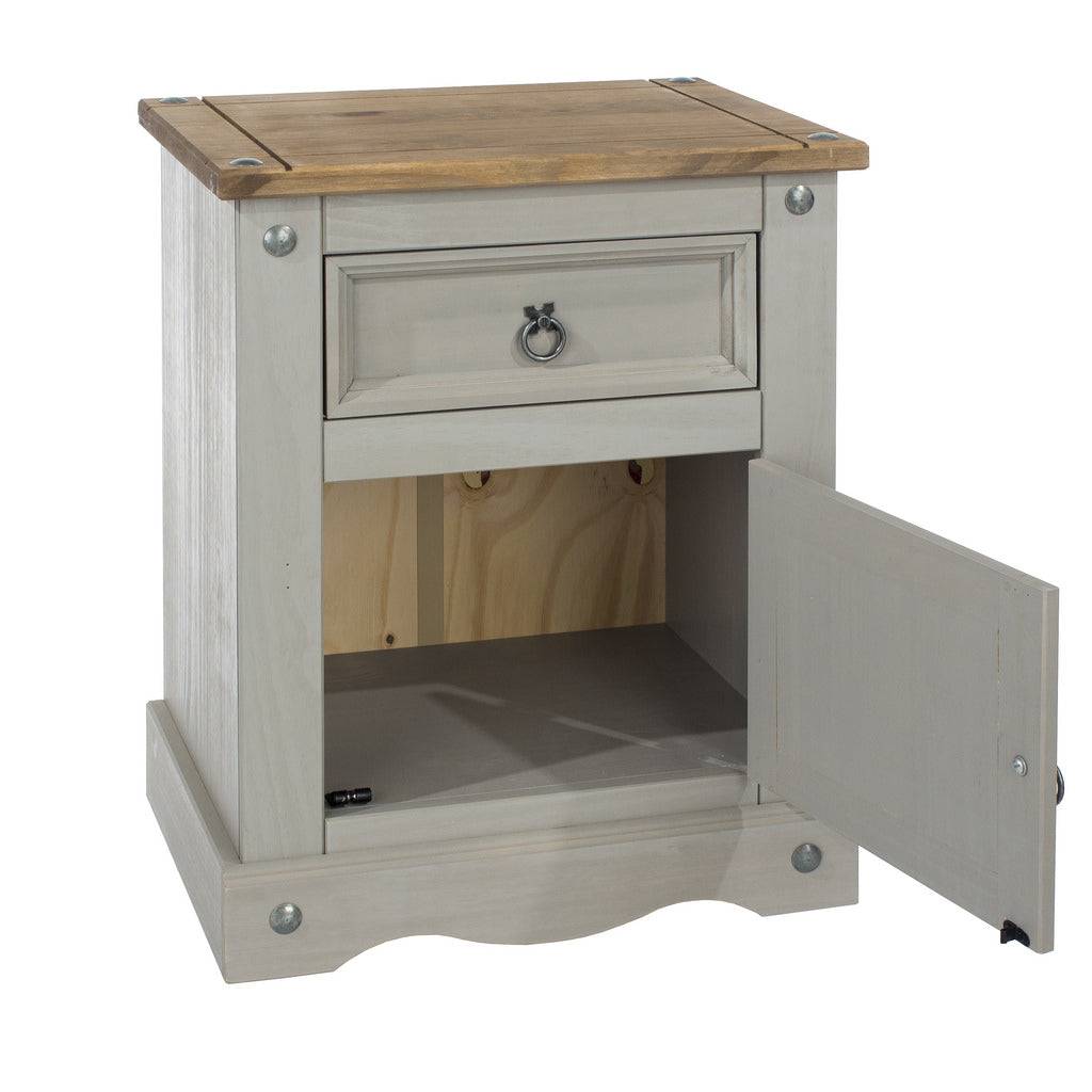 Core Products Corona Grey Washed 1 Door, 1 Drawer Bedside Cabinet Table Unit - Price Crash Furniture