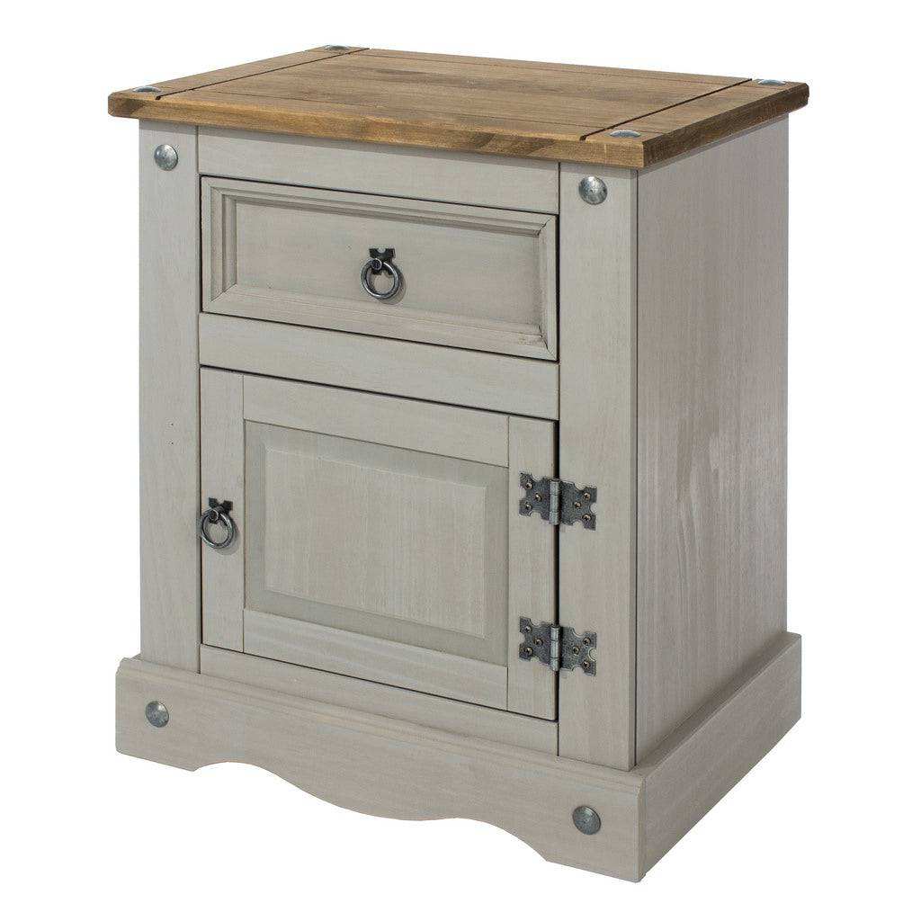 Core Products Corona Grey Washed 1 Door, 1 Drawer Bedside Cabinet Table Unit - Price Crash Furniture