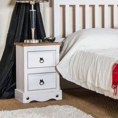 Corona White Washed Wax Effect Pine 2 Drawer Petite Bedside Cabinet - Price Crash Furniture