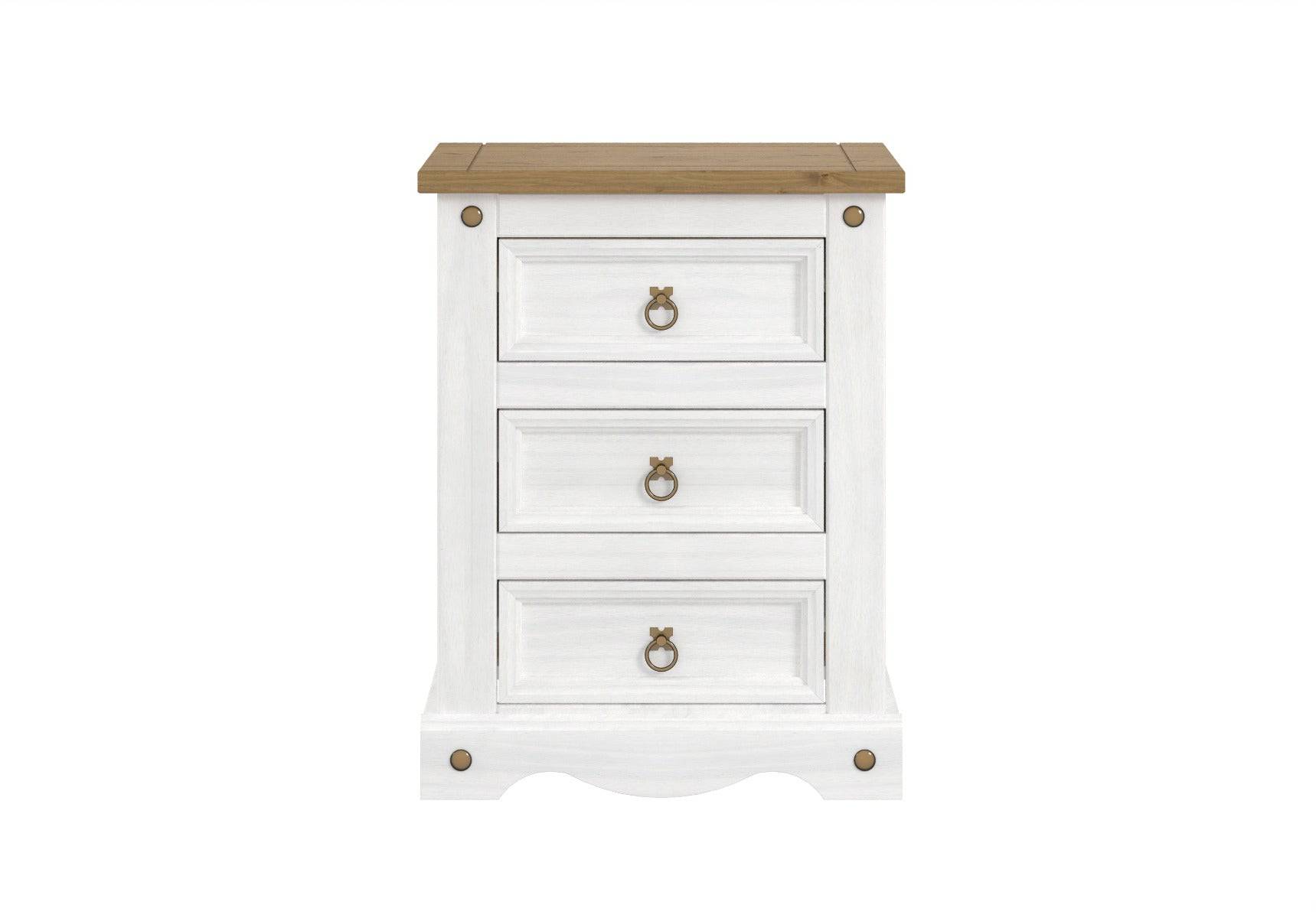 Corona White Washed Wax Effect Pine 3 drawer Petite Bedside - Price Crash Furniture