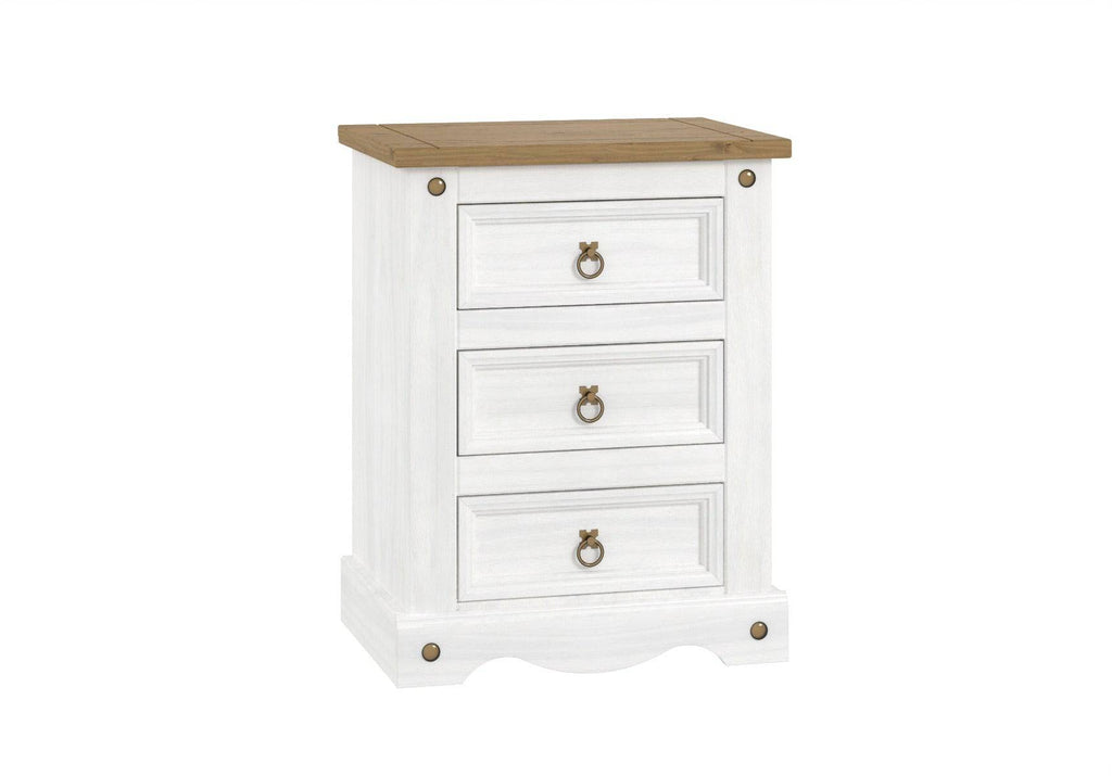 Corona White Washed Wax Effect Pine 3 drawer Petite Bedside - Price Crash Furniture