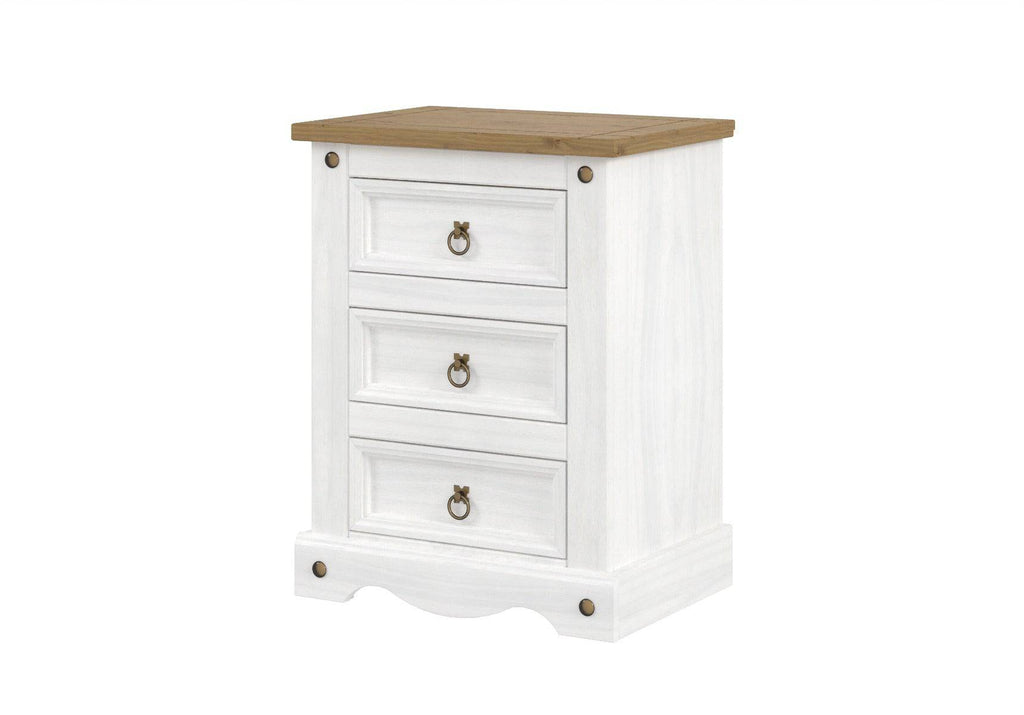 Corona White Washed Wax Effect Pine 3 drawer Petite Bedside - Price Crash Furniture