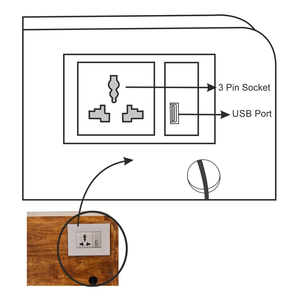 Curved Chestnut Bedside Table with Cable Access - Price Crash Furniture