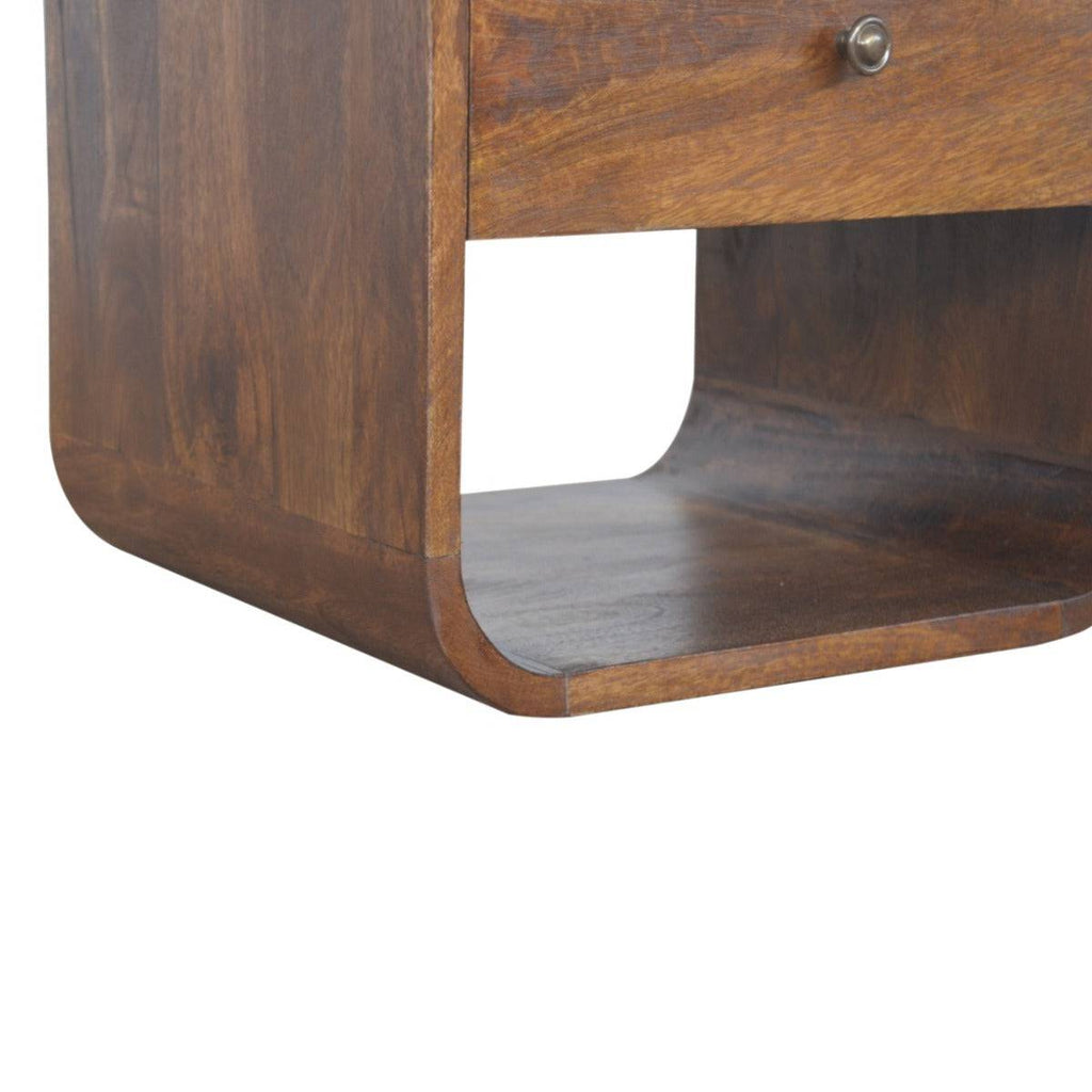Curved Edge Bedside Table with 1 Drawer in chestnut-effect Solid Mango Wood - Price Crash Furniture