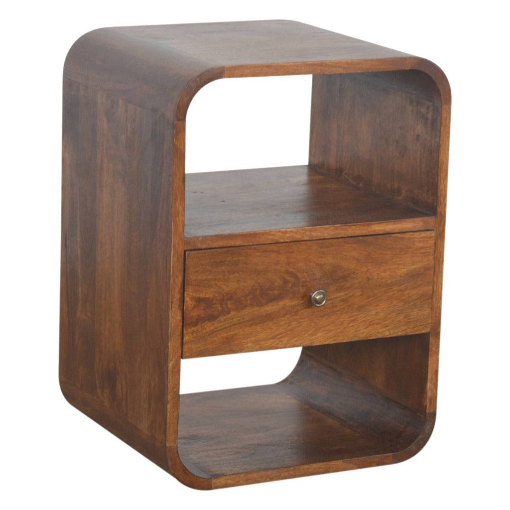 Curved Edge Bedside Table with 1 Drawer in chestnut-effect Solid Mango Wood - Price Crash Furniture
