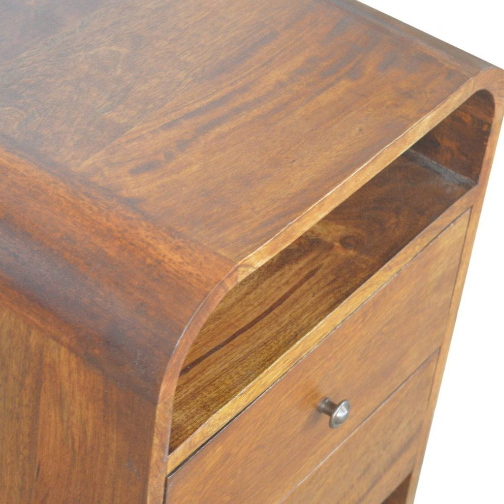 Curved Edge Bedside Table with 2 Drawers in chestnut-effect Solid Mango Wood - Price Crash Furniture