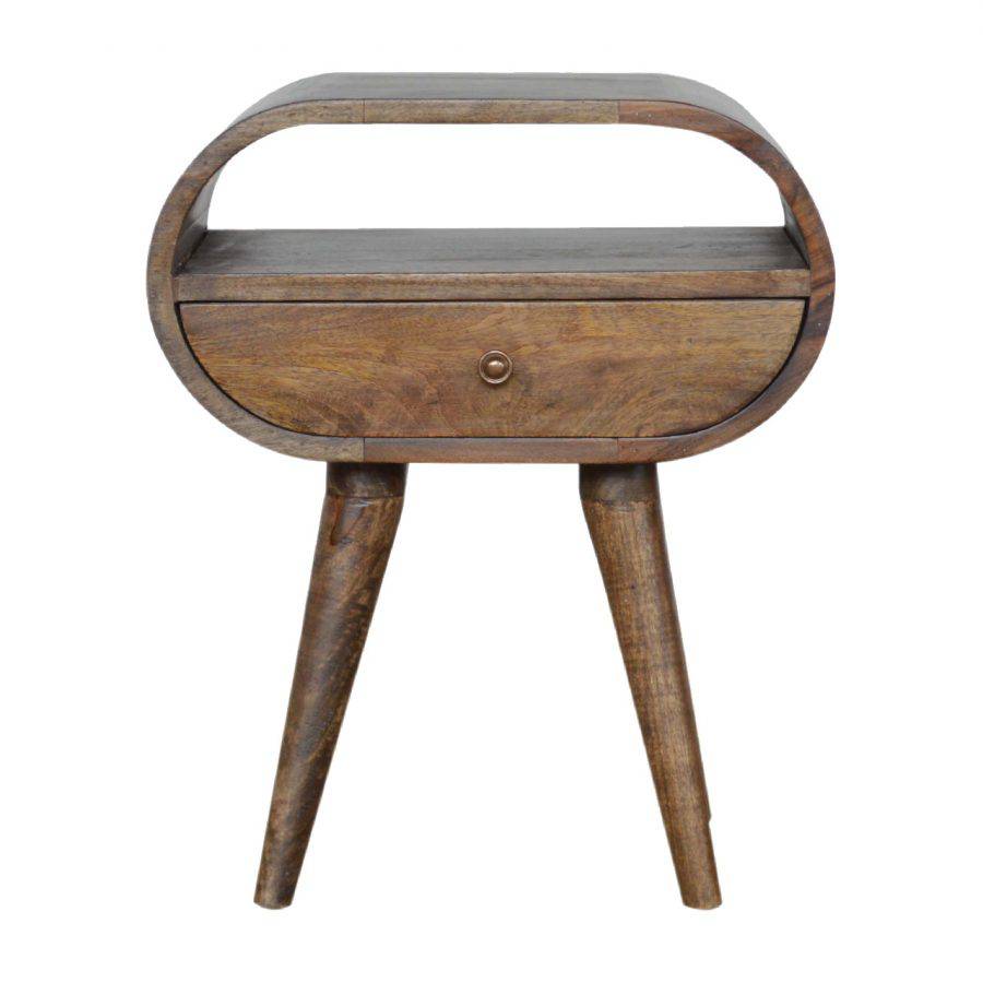 Curved Grey Washed Circular Bedside Table in Solid Mango Wood - Price Crash Furniture