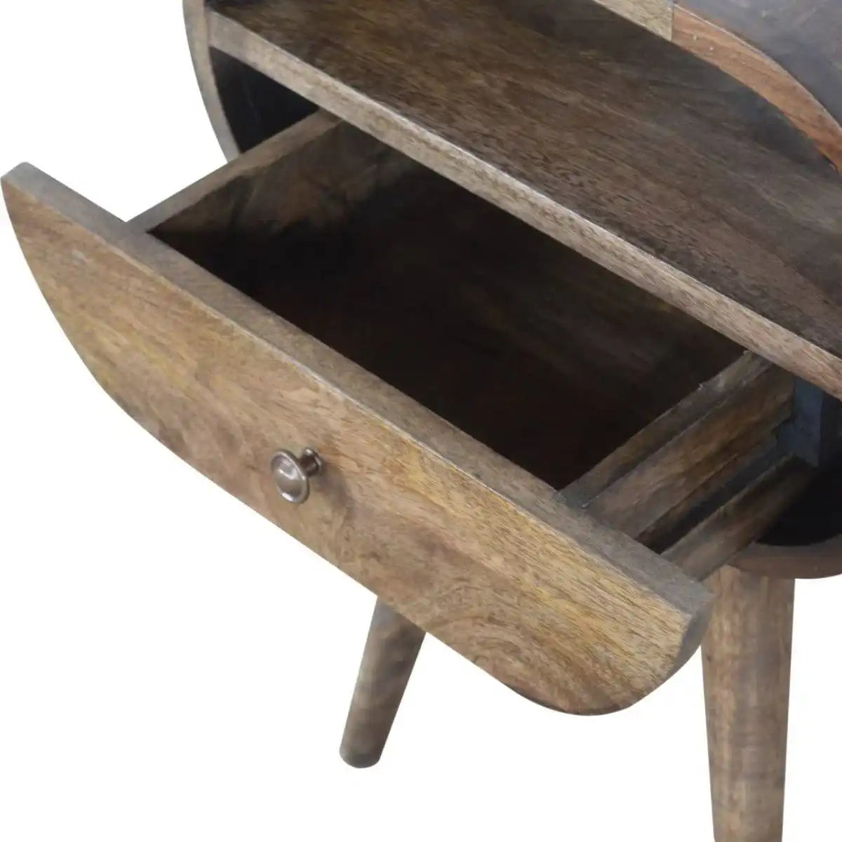 Curved Grey Washed Circular Bedside Table in Solid Mango Wood - Price Crash Furniture