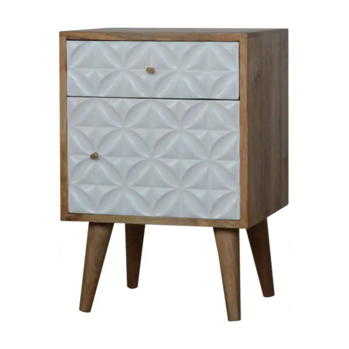 Diamond Carved White 1 Door Bedside Table in Solid Mango Wood - Price Crash Furniture